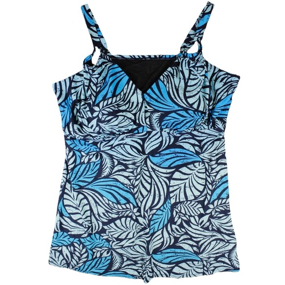 Swimsuits for All Blue Leaves Printed V-Neck Swim Dress Vacation Resort Beach 22 - Picture 3 of 9